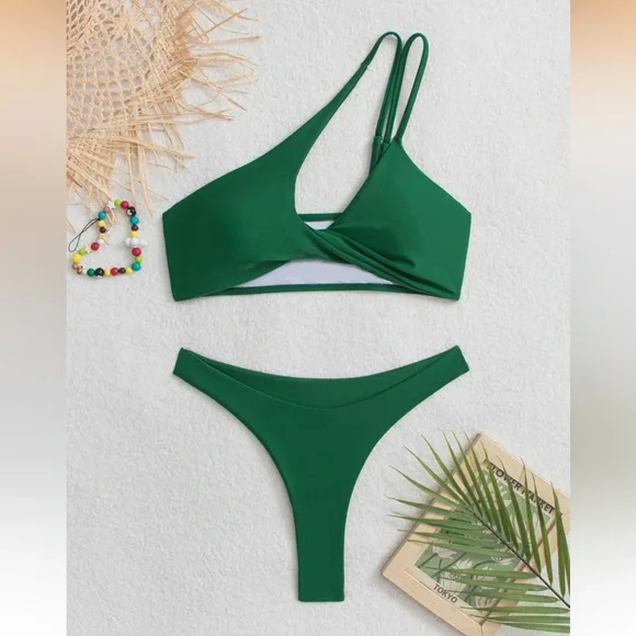 NWOT Sexy Brazilian Thong Bikini Sets High Cut Leg Rise One Shoulder Green Large - Picture 3 of 8